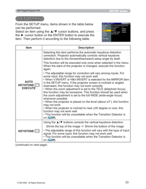 Page 33
33
SETUP menu
6(783PHQX
)URPWKH6(783PHQXLWHPVVKRZQLQWKHWDEOHEHORZ
FDQEHSHUIRUPHG
6HOHFWDQLWHPXVLQJWKHxzFXUVRUEXWWRQVDQGSUHVV
WKHyFXUVRUEXWWRQRUWKH(17(5EXWWRQWRH[HFXWHWKH
LWHP7KHQSHUIRUPLWDFFRUGLQJWRWKHIROORZLQJWDEOH
Item Description
$872
KEYSTONE 
(;(&87( 6HOHFWLQJWKLVLWHPSHUIRUPVWKHDXWRPDWLFNH\VWRQHGLVWRUWLRQ
FRUUHFWLRQ3URMHFWRUDXWRPDWLFDOO\FRUUHFWVYHUWLFDONH\VWRQH
GLVWRUWLRQGXHWRWKHIRUZDUGEDFNZDUGVHWXSDQJOHE\LWVHOI...