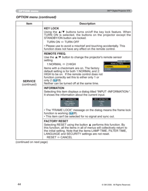 Page 44
44
OPTION menu
OPTION menu (continued)
Item Description
SERVICE
FRQWLQXHG KEY LOCK
8VLQJ WKH xz EXWWRQV WXUQV RQRII WKH NH\ ORFN IHDWXUH :KHQ
7851 21 LV VHOHFWHG WKH EXWWRQV RQ WKH SURMHFWRU H[FHSW WKH
67$1%