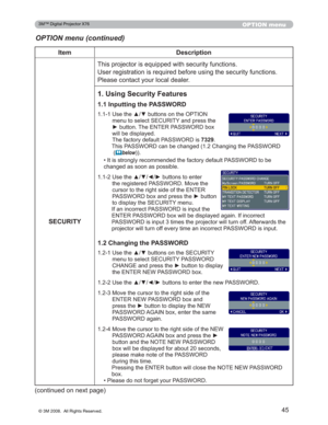 Page 45
45
OPTION menu
OPTION menu (continued)
Item Description
6(&85,7< 7KLVSURMHFWRULVHTXLSSHGZLWKVHFXULW\IXQFWLRQV
8VHUUHJLVWUDWLRQLVUHTXLUHGEHIRUHXVLQJWKHVHFXULW\IXQFWLR
QV
3OHDVHFRQWDFW\RXUORFDOGHDOHU
8VLQJ6HFXULW\)HDWXUHV
,QSXWWLQJWKH3$66:25
 8VHWKHxzEXWWRQVRQWKH237,21
PHQXWRVHOHFW6(&85,7