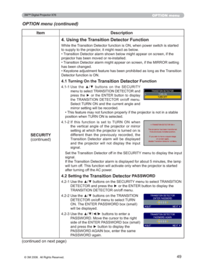 Page 49
49
OPTION menu
OPTION menu (continued)
Item Description
6(&85,7< FRQWLQXHG
8VLQJWKH7UDQVLWLRQHWHFWRU)XQFWLRQ
:KLOHWKH7UDQVLWLRQHWHFWRUIXQFWLRQLV21ZKHQSRZHUVZLWFK LVVWDUWHG
WRVXSSO\WRWKHSURMHFWRULWPLJKWUHDFWDVEHORZ
