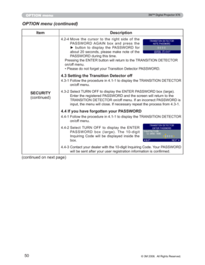 Page 50
50
OPTION menu
OPTION menu (continued)
Item Description
6(&85,7< FRQWLQXHG
 0RYH WKH FXUVRU WR WKH ULJKW VLGH RI WKH
3$66:25$*$,1 ER[ DQG SUHVV WKH
y EXWWRQ WR GLVSOD\ WKH 3$66:25 IRU
DERXW  VHFRQGV SOHDVH PDNH QRWH RI WKH
3$66:25GXULQJWKLVWLPH
3UHVVLQJWKH(17(5EXWWRQZLOOUHWXUQWRWKH75$16,7,21(7(&72 5
RQRIIPHQX
