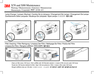 Page 5
Filter Cleaning / Filter Reinigung / Limpieza Del Filtro / Nettoyage De Filtre / Pulizia Del Filtro
Limpeza Do Filtro / Rengöra luftfiltret /                   /Cambiamento Della Lampada / Mudança Da Lâmpada / Byta Lampa /                /
Lamp Change / Lampen Wechsel / Cambio De la Lámpara / Changement De Lampe / Changement De Lampe
Clean air filter every 100 hours / Den Luftfilter alle 100 Stunden säubern / Limpie el filtro de aire cada 100 horas
Toutes les 100 heures nettoient le filtre / Ogni 100...