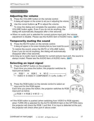 Page 1717
Operating
Operating
Adjusting the volume
1.Press the VOLUME button on the remote control.
A dialog will appear on the screen to aid you in adjusting the volume.
2.8VHWKHFXUVRUEXWWRQVxzWRDGMXVWWKHYROXPH
To close the dialog and complete the operation, press the 
VOLUME button again. Even if you do not do anything, the 
dialog will automatically disappear after a few seconds.
WKHYROXPH
adjustment is disable. Please see the AUDIO item of AUDIO menu. 
(	37)
Temporarily muting the sound...