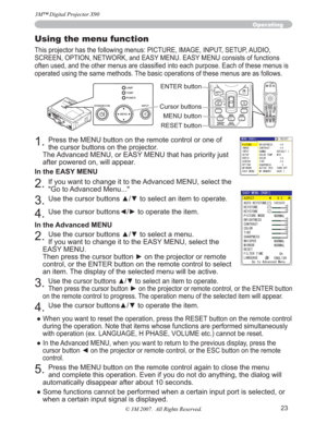 Page 2323
Operating
Using the menu function
This projector has the following menus: PICTURE, IMAGE, INPUT, SETUP, AUDIO, 
SCREEN, OPTION, NETWORK, and EASY MENU. EASY MENU consists of functions 
(DFKRIWKHVHPHQXVLV
operated using the same methods. The basic operations of these menus are as follows.
1.Press the MENU button on the remote control or one of 
the cursor buttons on the projector.  
The Advanced MENU, or EASY MENU that has priority just 
after powered on, will appear. 
In the EASY MENU
2.If you...