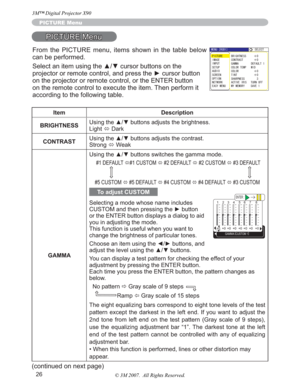 Page 2626
PICTURE Menu
PICTURE Menu
Item Description
BRIGHTNESS8VLQJWKHxzEXWWRQVDGMXVWVWKHEULJKWQHVV
Light
Ù Dark
CONTRAST8VLQJWKHxzEXWWRQVDGMXVWVWKHFRQWUDVW
Strong
Ù Weak
GAMMA8VLQJWKHxzEXWWRQVVZLWFKHVWKHJDPPDPRGH
 #1 DEFAULT 
Ù#1 CUSTOM 
Ù #2 DEFAULT 
Ù #2 CUSTOM 
Ù #3 DEFAULT 
#5 CUSTOM 
Ù #5 DEFAULT 
Ù #4 CUSTOM 
Ù #4 DEFAULT 
Ù #3 CUSTOM
To adjust CUSTOM
Selecting a mode whose name includes 
&86720DQGWKHQSUHVVLQJWKHyEXWWRQ
or the ENTER button displays a dialog to aid...