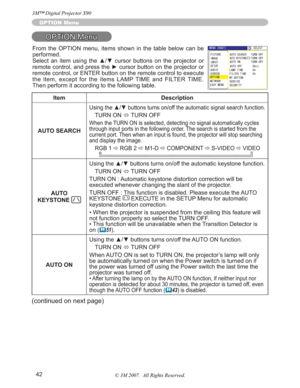 Page 4242
OPTION Menu
OPTION Menu
Item Description
AUTO SEARCH
8VLQJWKHxzEXWWRQVWXUQVRQRIIWKHDXWRPDWLFVLJQDOVHDUFKIXQFWLRQ
TURN ON 
Ù TURN OFF
When the TURN ON is selected, detecting no signal automatically cycles 
through input ports in the following order. The search is started from the 
current port. Then when an input is found, the projector will stop searching 
and display the image.
RGB 1
Ö RGB 2
Ö M1-D
Ö COMPONENT 
Ö S-VIDEO 
Ö VIDEO 
AUTO 
KEYSTONE...