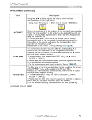 Page 4343
Item Description
AUTO OFF8VLQJWKHxzEXWWRQVDGMXVWVWKHWLPHWRFRXQWGRZQWR
automatically turn the projector off.
Long (max. 99 minutes) 
Ù Short (min. 0 minute = DISABLE)
AUTO OFF
ENABLE
1AUTO OFF
DISABLE
0
When the time is set to 0, the projector is not turned off automatically.
When the time is set to 1 to 99, and when the passed time with no-
signal or an unsuitable signal reaches at the set time, the projector 
lamp will be turned off. 
If one of the projector's buttons or the remote...