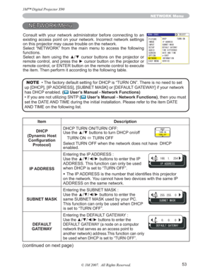 Page 5353
NETWORK Menu
/07=4)$?5.%6
+2#&&45557$06/#5-
6+/&+((40%
&*%2674010
&(#7.6)#69#;
#0&6+/G5*16
+0(14/#6+10548+%
+/#) 2+%674
5672 +0276
5%40
126+10#7&+1
06914-
#5;/07
NETWORK Menu
Item Description
DHCP 
(Dynamic Host 
&RQ¿JXUDWLRQ
Protocol)DHCP TURN ON/TURN OFF:
8VHWKHxzEXWWRQVWRWXUQ+&3RQRII
TURN ON 
Ù TURN OFF
Select TURN OFF when the network does not have  DHCP 
enabled.
IP ADDRESSEntering the IP ADDRESS :
Use the...