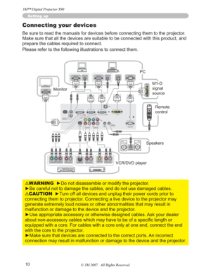 Page 1010
Setting up
Connecting your devices
Be sure to read the manuals for devices before connecting them to the projector. 
Make sure that all the devices are suitable to be connected with this product, and 
prepare the cables required to connect.
Please refer to the following illustrations to connect them.
WARNINGyRQRWGLVDVVHPEOHRUPRGLI\WKHSURMHFWRU
EOHV
CAUTIONy7XUQRI
connecting them to projector. Connecting a live device to the projector may 
generate extremely loud noises or other...