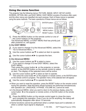 Page 2424
Operating
Using the menu function
This projector has the following menus: PICTURE, IMAGE, INPUT, SETUP, AUDIO, 
SCREEN, OPTION, MIU, and EASY MENU. EASY MENU consists of functions often used, 
HVHPHQXVLVRSHUDWHG
using the same methods. The basic operations of these menus are as follows.
1.Press the MENU button on the remote control or one of 
the cursor buttons on the projector.  
The Advanced MENU, or EASY MENU that has priority just 
after powered on, will appear. 
In the EASY MENU
2.If you want...