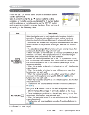 Page 3636
SETUP Menu
SETUP Menu
Item Description
AUTO 
KEYSTONE 
EXECUTESelecting this item performs the Automatic keystone distortion 
correction. Projector automatically corrects vertical keystone 
distortion due to the (forward/backward) setup angle by itself.
This function will be executed only once when selected in the menu. 
When the slant of the projector is changed, execute this function 
again.
• The adjustable range of this function will vary among inputs. For 
some input, this function may not work...