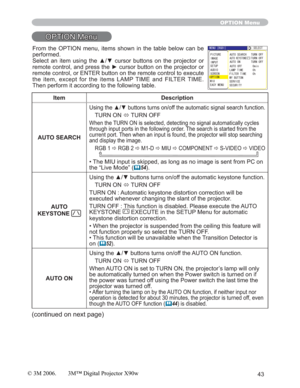 Page 4343
OPTION Menu
OPTION Menu
Item Description
AUTO SEARCH
8VLQJWKHxzEXWWRQVWXUQVRQRIIWKHDXWRPDWLFVLJQDOVHDUFKIXQFWLRQ
TURN ON 
Ù TURN OFF
When the TURN ON is selected, detecting no signal automatically cycles 
through input ports in the following order. The search is started from the 
current port. Then when an input is found, the projector will stop searching 
and display the image.
RGB 1
Ö RGB 2
Ö M1-D
ÖMIU 
Ö COMPONENT 
Ö S-VIDEO 
Ö VIDEO 
• The MIU input is skipped, as long as no image...