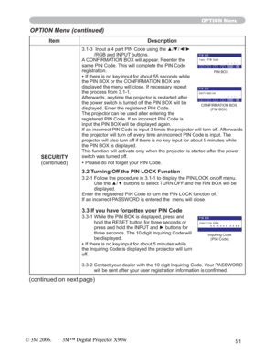 Page 5151
Item Description
SECURITY
(continued)
,QSXWDSDUW3,1&RGHXVLQJWKHxz{y
/RGB and INPUT buttons.
A CONFIRMATION BOX will appear. Reenter the 
same PIN Code. This will complete the PIN Code 
registration.
•If there is no key input for about 55 seconds while 
the PIN BOX or the CONFIRMATION BOX are 
displayed the menu will close. If necessary repeat 
the process from 3.1-1.
Afterwards, anytime the projector is restarted after 
the power switch is turned off the PIN BOX will be...