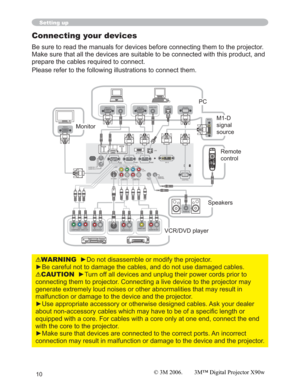 Page 1010
Setting up
Connecting your devices
Be sure to read the manuals for devices before connecting them to the projector. 
Make sure that all the devices are suitable to be connected with this product, and 
prepare the cables required to connect.
Please refer to the following illustrations to connect them.
WARNINGyRQRWGLVDVVHPEOHRUPRGLI\WKHSURMHFWRU
EOHV
CAUTIONy7XUQRI
connecting them to projector. Connecting a live device to the projector may 
generate extremely loud noises or other...