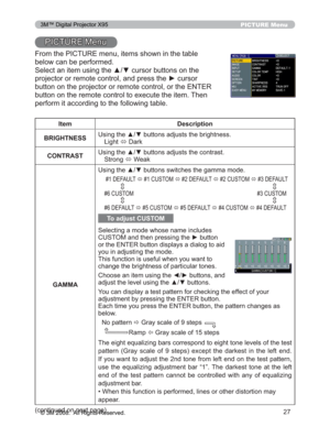 Page 27
27
PICTURE Menu
3,&785(0HQX
)URPWKH3,&785(PHQXLWHPVVKRZQLQWKHWDEOH
EHORZFDQEHSHUIRUPHG
6HOHFWDQLWHPXVLQJWKHxzFXUVRUEXWWRQVRQWKH
SURMHFWRURUUHPRWHFRQWURODQGSUHVVWKHyFXUVRU
EXWWRQRQWKHSURMHFWRURUUHPRWHFRQWURORUWKH(17(5
EXWWRQRQWKHUHPRWHFRQWUROWRH[HFXWHWKHLWHP7KHQ
SHUIRUPLWDFFRUGLQJWRWKHIROORZLQJWDEOH
Item Description
BRIGHTNESS 8VLQJWKHxzEXWWRQVDGMXVWVWKHEULJKWQHVV
/LJKW ÙDUN
CONTRAST...