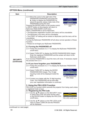 Page 50
50
OPTION Menu
Item Description
SECURITY
(continued)
 0RYHWKHFXUVRUWRWKHULJKWVLGHRIWKH
3$66:25$*$,1%2;DQGSUHVVWKH
yEXWWRQWRGLVSOD\WKH3$66:25IRU
DERXWVHFRQGVSOHDVHPDNHQRWHRIWKH
3$66:25GXULQJWKLVWLPH
3UHVVLQJWKH(17(5EXWWRQRQWKHUHPRWHFRQWURO
RU,1387EXWWRQRQWKHSURMHFWRUZLOOUHWXUQWR
0\6FUHHQ3$66:25RQRIIPHQX
:KHQD3$66:25LVVHWIRU0\6FUHHQ
‡7KH0\6FUHHQUHJLVWUDWLRQIXQFWLRQDQGPHQXZLOOEHXQDYDLODE OH...