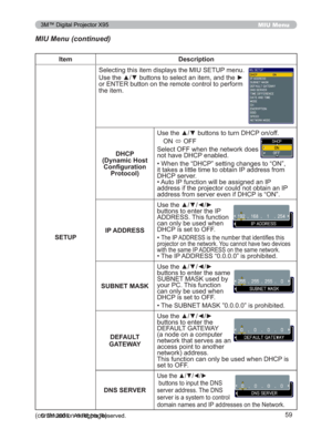 Page 59
59
MIU Menu
MIU Menu (continued)
Item Description
SETUP 6HOHFWLQJWKLVLWHPGLVSOD\VWKH0,86(783PHQX
8VHWKHxzEXWWRQVWRVHOHFWDQLWHPDQGWKHy
RU(17(5EXWWRQRQWKHUHPRWHFRQWUROWRSHUIRUP
WKHLWHP
DHCP 
(Dynamic Host  &RQ¿JXUDWLRQ Protocol) 8VHWKHxzEXWWRQVWRWXUQ+&3RQRII
21 Ù2))
6HOHFW2))ZKHQWKHQHWZRUNGRHV
QRWKDYH+&3HQDEOHG
‡:KHQWKH³+&3´VHWWLQJFKDQJHVWR³21´
LWWDNHVDOLWWOHWLPHWRREWDLQ,3DGGUHVVIURP
+&3VHUYHU
