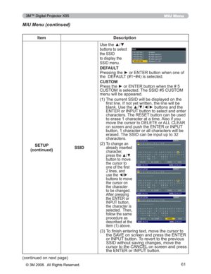 Page 61
61
MIU Menu
MIU Menu (continued)
Item Description
SETUP
(continued) SSID8VHWKHxz
EXWWRQVWRVHOHFW
WKH66,
WRGLVSOD\WKH
66,PHQX
DEFAULT
3UHVVLQJWKHyRU(17(5EXWWRQZKHQRQHRI
WKH()$8/7aLVVHOHFWHG
CUSTOM
3UHVVWKHyRU(17(5EXWWRQZKHQWKH
&86720LVVHOHFWHG7KH66,&86720
PHQXZLOOEHDSSHDUHG

7KHFXUUHQW66,ZLOOEHGLVSOD\HGRQWKH 
¿UVWOLQH,IQRW\HWZULWWHQWKHOLQHZLOOEH
EODQN8VHWKHxz{yEXWWRQVDQGWKH...