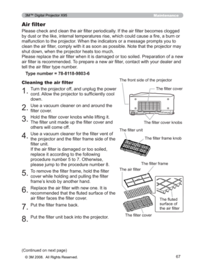 Page 67
67
Maintenance
3OHDVHFKHFNDQGFOHDQWKHDLU¿OWHUSHULRGLFDOO\,IWKHDLU¿OWHUEHFRPHVFORJJHG
E\GXVWRUWKHOLNHLQWHUQDOWHPSHUDWXUHVULVHZKLFKFRXOGFD XVHD¿UHDEXUQRU
PDOIXQFWLRQWRWKHSURMHFWRU:KHQWKHLQGLFDWRUVRUDPHVVDJH SURPSWV\RXWR
FOHDQWKHDLU