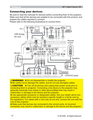 Page 10
10
Setting up
Connecting your devices
%HVXUHWRUHDGWKHPDQXDOVIRUGHYLFHVEHIRUHFRQQHFWLQJWKHPWRWKHSURMHFWRU
0DNHVXUHWKDWDOOWKHGHYLFHVDUHVXLWDEOHWREHFRQQHFWHGZLW KWKLVSURGXFWDQG
SUHSDUHWKHFDEOHVUHTXLUHGWRFRQQHFW
3OHDVHUHIHUWRWKHIROORZLQJLOOXVWUDWLRQVWRFRQQHFWWKHP
yRQRWGLVDVVHPEOHRUPRGLI\WKHSURMHFWRU
y%HFDUHIXOQRWWRGDPDJHWKHFDEOHVDQGGRQRWXVHGDPDJHGFD EOHV
WARNING
y7XUQRIIDOOGHYLFHVDQGXQSOXJWKHLUSRZHUFRUGVSULRUWR...