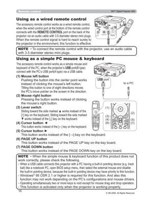 Page 16
16
Remote control
Using as a wired remote control
7KHDFFHVVRU\UHPRWHFRQWUROZRUNVDVDZLUHGUHPRWHFRQWURO
ZKHQWKHZLUHGFRQWUROSRUWDWWKHERWWRPRIWKHUHPRWHFRQWURO
FRQQHFWVZLWKWKH
5(027(&21752/SRUWRQWKHEDFNRIWKH
SURMHFWRUYLDDQDXGLRFDEOHZLWKGLDPHWHUVWHUHRPLQLSOXJ V
:KHQWKHUHPRWHFRQWUROVLJQDOLVKDUGWRUHDFKVXUHO\WR
WKHSURMHFWRULQWKHHQYLURQPHQWWKLVIXQFWLRQLVHIIHFWLYH
