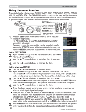 Page 24
24
Operating
BLANK LASER
ASPECT
PUSHENTERPAGE UP
LASER
INDICATORMY SOURCE/
DOC.CAMERASEARCH
STANDBY/ON VIDEO RGB
PAGE DOWNESC MENU RESET
POSITION AUTOMAGNIFYON
OFFMY BUTTON1
2VOLUME+ -FREEZE KEYSTONE MUTE
PUSHENTER
PAGE UPPAGE DOWN
ESC MENU RESET
POSITION AUTO
MAGNIFYMY BUTTONVOLUME
3UHVVWKH0(18EXWWRQRQWKHUHPRWHFRQWURORURQHRIWKHFXUVRU
EXWWRQVRQWKHSURMHFWRU
7KH$GYDQFHG0(18RU($6