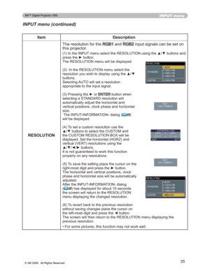 Page 35
35
INPUT menu
INPUT menu (continued)
Item Description
RESOLUTION 7KHUHVROXWLRQIRUWKH
5*%DQG5*%LQSXWVLJQDOVFDQEHVHWRQ
WKLVSURMHFWRU
,QWKH,1387PHQXVHOHFWWKH5(62/87,21XVLQJWKHxzEXWWR QVDQG
SUHVVWKHyEXWWRQ
7KH5(62/87,21PHQXZLOOEHGLVSOD\HG
,QWKH5(62/87,21PHQXVHOHFWWKH
UHVROXWLRQ\RXZLVKWRGLVSOD\XVLQJWKHxz
EXWWRQV
6HOHFWLQJ$872ZLOOVHWDUHVROXWLRQ
DSSURSULDWHWRWKHLQSXWVLJQDO
3UHVVLQJWKHyRU
(17(5EXWWRQZKHQ...