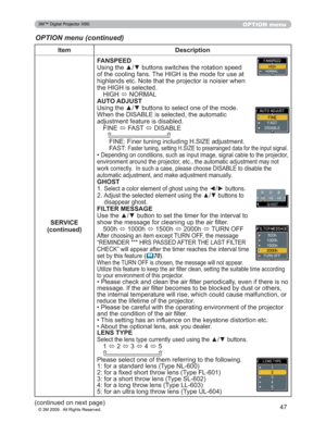 Page 47
47
OPTION menu
OPTION menu (continued)
Item Description
SERVICE
FRQWLQXHG FANSPEED
8VLQJWKHxzEXWWRQVVZLWFKHVWKHURWDWLRQVSHHG
RIWKHFRROLQJIDQV7KH+,*+LVWKHPRGHIRUXVHDW
KLJKODQGVHWF1RWHWKDWWKHSURMHFWRULVQRLVLHUZKHQ
WKH+,*+LVVHOHFWHG
+,*+ Ù1250$/
AUTO ADJUST
8VLQJWKHxzEXWWRQVWRVHOHFWRQHRIWKHPRGH
:KHQWKH,6$%/(LVVHOHFWHGWKHDXWRPDWLF
DGMXVWPHQWIHDWXUHLVGLVDEOHG
),1( Ù)$67
Ù,6$%/(

),1()LQHUWXQLQJLQFOXGLQJ+6,=(DGMXVWPHQW...