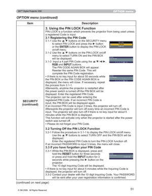 Page 51
51
OPTION menu
OPTION menu (continued)
Item Description
SECURITY
FRQWLQXHG
3. Using the PIN LOCK Function
3,1/2&.LVDIXQFWLRQZKLFKSUHYHQWVWKHSURMHFWRUIURPEHLQJ XVHGXQOHVV
DUHJLVWHUHG&RGHLVLQSXW
3.1 Registering the PIN Code
 8VHWKHxzEXWWRQVRQWKH6(&85,7