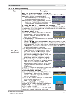 Page 53
53
OPTION menu
OPTION menu (continued)
Item Description
SECURITY
FRQWLQXHG ,I\RXKDYHIRUJRWWHQ\RXU3$66:25
)ROORZWKHSURFHGXUHLQWRGLVSOD\WKH7UDQVLWLRQHWHFWR
URQRIIPHQX
6HOHFW78512))WRGLVSOD\WKH(17(5
3$66:25%2;ODUJH7KHGLJLW,QTXLULQJ
&RGHZLOOEHGLVSOD\HGLQVLGHWKH%2;
&RQWDFW\RXUGHDOHUZLWKWKHGLJLW,QTXLULQJ
&RGH