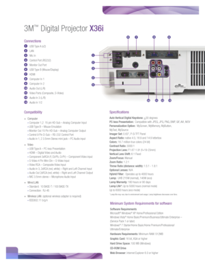 Page 23M™ Digital Projector X36i
Compatibility
+ Computer 
 • Computer 1,2  15 pin HD-Sub – Analog Computer Input
 • USB Type B – Mouse Emulation
 • Monitor Out 15 Pin HD-Sub – Analog Computer Output
 • Control 9 Pin D-Sub – RS-232 Control Port
 • Audio in 1, 2 3.5mm Stereo mini jack – PC Audio input
+ Video 
 • USB Type A – PC-less Presentation
 • HDMI – Digital Video and Audio
 • Component 3xRCA (Y, Cb/Pb, Cr/Pr) – Component Video input
 • S-Video 4 Pin Mini-Din – S-Video Input
 • Video RCA – Composite Video...