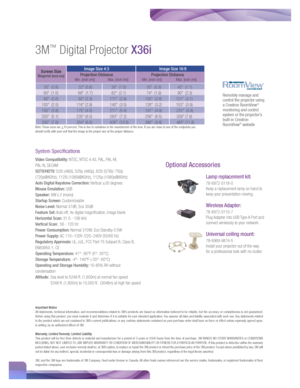 Page 33M™ Digital Projector X36i
System Specifications
Video Compatibility: NTSC, NTSC 4.43, PAL, PAL-M,  
PAL-N, SECAM
SDTV/HDTV: 525i (480i), 525p (480p), 625i (576i)/ 750p 
(720p@60Hz), 1125i (1080i@60Hz), 1125p (1080p@60Hz)
Auto Digital Keystone Correction: Vertical ±30 degrees
Mouse Emulation: USB
Speaker: 8W x 2 (mono)
Startup Screen: Customizeable
Noise Level: Normal 37dB; Eco 30dB
Feature Set: Auto off, 4x digital magnification, image blank
Horizontal Scan: 31.5 - 106 kHz
Vertical Scan:   56 - 120 Hz...