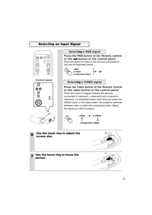 Page 16VIDEO
ASPECT
MUTE
KEYSTONE
FREEZE OFFON
VOLUME
MAGNIFY
AUTO BLANK
RGB SEARCH
STANDBY/ON
Control panel
15
RGB
6Use the zoom ring to adjust the
screen size
7Use the focus ring to focus the
picture
5
Press the RGB button of the Remote control 
or the 
rgb button of the control panel
Press this button to swich to the devices connected to 
rgb 
port as illustrated below. 
Press the Video button of the Remote control  
or the video button of the control panel
Press this button to toggle between the devices...