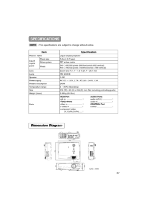 Page 38Dimension Diagram
ItemSpecification
Product nameLiquid crystal projector
Liquid
crystal
panelPanel size1.8 cm (0.7 type)
Drive systemTFT active matrix
PixelsS40480,000 pixels (800 horizontal x600 vertical)
X40786,432 pixels (1024 horizontal x 768 vertical)
LensZoom lens F=1.7 ~ 1.9  f=21.7 ~ 26.1 mm
Lamp150 W UHB
Speaker1.0W
Power supplyAC100 ~ 120V, 2.7A / AC220 ~ 240V, 1.3A
Power consumption240W
Temperature range0 ~ 35°C (Operating)
Size316 (W) x 93 (H) x 254 (D) mm (Not including protruding...