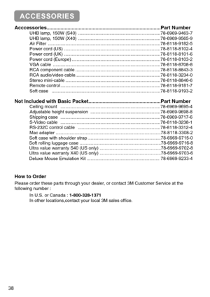 Page 3938
Acccessories............................................................\
......................Part Number
UHB lamp, 150W (S40) ..................................................................78-6969-9463-7
UHB lamp, 150W (X40) ..................................................................78-6969-9565-9
Air Filter ........................................................................\
..................78-8118-9182-5
Power cord (US)...