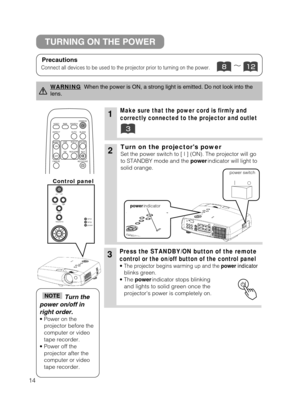 Page 1514
1Make sure that the power cord is firmly and
correctly connected to the projector and outlet
2Turn on the projectors power
Set the power switch to [ | ] (ON). The projector will go
to STANDBY mode and the power indicator will light to
solid orange.
3Press the STANDBY/ON button of the remote 
control or the on/off button of the control panel
•  The projector begins warming up and the power indicator 
blinks green.

• The power  indicator stops blinking
and lights to solid green once the

projectors...