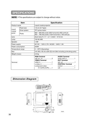 Page 39Dimension Diagram
ItemSpecification
Product nameLiquid crystal projector
Liquid
crystal
panelPanel size1.8 cm (0.7 type)
Drive systemTFT active matrix
PixelsS50480,000 pixels (800 horizontal x600 vertical)
X50786,432 pixels (1024 horizontal x 768 vertical)
LensZoom lens F=1.7 ~ 2.1  f=36.8 ~ 47.8 mm
Lamp150 W UHB
Speaker1.0W
Power supplyAC100 ~ 120V, 2.7A / AC220 ~ 240V, 1.3A
Power consumption240W
Temperature range0 ~ 35°C (Operating)
Size316 (W) x 93 (H) x254 (D) mm (Not including protruding parts)...