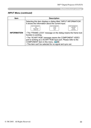 Page 33
33

Multifunctional settings
INPUT Menu (continued)
ItemDescription
INFORMATION
Selecting this item displays a dialog titled “INPUT INFORMATION”. It shows the information about the current input.
INPUT-INFORMATIONRGB1024x768 @60.0FRAME LOCK
INPUT-INFORMATIONS-VIDEOSECAMAUTO
INPUT-INFORMATIONCOMPONENT576i @50SCAR T RGB
• The “FRAME LOCK” message on the dialog means the frame lock function is working. 
• The “SCART RGB” message means the COMPONENT VIDEO 
port is working as a SCART RGB input port. Please...