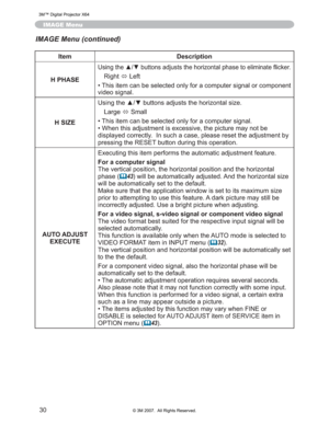 Page 30
30
IMAGE Menu
Item Description
H PHASE
8VLQJWKHxzEXWWRQVDGMXVWVWKHKRUL]RQWDOSKDVHWRHOLPLQDWH 