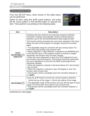 Page 34
34
SETUP Menu
6(7830HQX
Item Description
AUTO 
KEYSTONE 
EXECUTE 6HOHFWLQJWKLVLWHPSHUIRUPVWKHDXWRPDWLFNH\VWRQHGLVWRUWLRQ
FRUUHFWLRQ3URMHFWRUDXWRPDWLFDOO\FRUUHFWVYHUWLFDONH\VWRQH
GLVWRUWLRQGXHWRWKHIRUZDUGEDFNZDUGVHWXSDQJOHE\LWVHOI
7KLVIXQFWLRQZLOOEHH[HFXWHGRQO\RQFHZKHQVHOHFWHGLQWKHP
HQX
:KHQWKHVODQWRIWKHSURMHFWRULVFKDQJHGH[HFXWHWKLVIXQFWL RQ
DJDLQ
• 7KHDGMXVWDEOHUDQJHIRUFRUUHFWLRQZLOOYDU\DPRQJLQSXWV)R U...