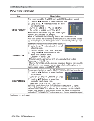 Page 33
33
INPUT menu
INPUT menu (continued)
Item Description
VIDEO FORMAT 7KHYLGHRIRUPDWIRU69,(2SRUWDQG9,(2SRUWFDQEHVHW
8VHWKH{yEXWWRQVWRVHOHFWWKHLQSXWSRUW

8VLQJWKHxzEXWWRQVVZLWFKHVWKHPRGH
IRUYLGHRIRUPDW
$872 Ù176&
Ù3$/
Ù6(&$0
13$/ Ù03$/
Ù176&
