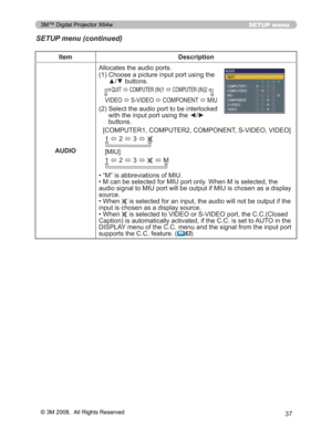 Page 37
37
SETUP menu
SETUP menu (continued)
Item Description
AUDIO $OORFDWHVWKHDXGLRSRUWV
 &KRRVHDSLFWXUHLQSXWSRUWXVLQJWKH
xzEXWWRQV
48,7Ù&20387(5,1Ù&20387(5,1
9,(2 Ù69,(2
Ù&20321(17
Ù0,8

6HOHFWWKHDXGLRSRUWWREHLQWHUORFNHG
ZLWKWKHLQSXWSRUWXVLQJWKH{y
EXWWRQV
>&20387(5&20387(5&20321(1769,(29,(2@  Ù 
Ù
Ù
>0,8@

Ù 
Ù
Ù

Ù 0
‡³0´LVDEEUHYLDWLRQVRI0,8
