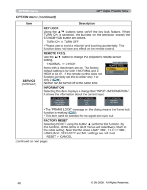 Page 46
46
OPTION menu
OPTION menu (continued)
Item Description
SERVICE
FRQWLQXHG KEY LOCK
8VLQJ WKH xz EXWWRQV WXUQV RQRII WKH NH\ ORFN IHDWXUH :KHQ
7851 21 LV VHOHFWHG WKH EXWWRQV RQ WKH SURMHFWRU H[FHSW WKH
67$1%