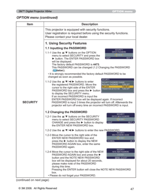 Page 47
47
OPTION menu
OPTION menu (continued)
Item Description
SECURITY 7KLVSURMHFWRULVHTXLSSHGZLWKVHFXULW\IXQFWLRQV
8VHUUHJLVWUDWLRQLVUHTXLUHGEHIRUHXVLQJWKHVHFXULW\IXQFWLR
QV
3OHDVHFRQWDFW\RXUORFDOGHDOHU
1. Using Security Features
1.1 Inputting the PASSWORD
 8VHWKHxzEXWWRQVRQWKH237,21
PHQXWRVHOHFW6(&85,7