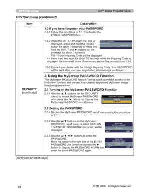 Page 48
48
OPTION menu
OPTION menu (continued)
Item Description
SECURITY FRQWLQXHG 1.3 If you have forgotten your PASSWORD

)ROORZWKHSURFHGXUHLQWRGLVSOD\WKH
(17(53$66:25ER[
 :KLOHWKH(17(53$66:25ER[LV
GLVSOD\HGSUHVVDQGKROGWKH5(6(7
EXWWRQIRUDERXWVHFRQGVRUSUHVVDQG
KROGWKH,1387DQGyEXWWRQVRQWKH
SURMHFWRUIRUDERXWVHFRQGV
7KHGLJLW,QTXLULQJ&RGHZLOOEHGLVSOD\HG
‡,IWKHUHLVQRNH\LQSXWIRUDERXWVHFRQGVZKLOHWKH,QTXL ULQJ&RGHLV...