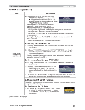 Page 49
49
OPTION menu
OPTION menu (continued)
Item Description
SECURITY FRQWLQXHG
 0RYHWKHFXUVRUWRWKHULJKWVLGHRIWKH
3$66:25$*$,1ER[DQGSUHVVWKH
yEXWWRQWRGLVSOD\WKH3$66:25IRU
DERXWVHFRQGVSOHDVHPDNHQRWHRIWKH
3$66:25GXULQJWKLVWLPH
3UHVVLQJWKH(17(5EXWWRQZLOOUHWXUQWR
0\6FUHHQ3$66:25RQRIIPHQX
:KHQD3$66:25LVVHWIRU0\6FUHHQ
‡7KH0\6FUHHQUHJLVWUDWLRQIXQFWLRQDQGPHQXZLOOEHXQDYDLODE OH
‡7KH0\6FUHHQ/RFNPHQXZLOOEHXQDYDLODEOH...