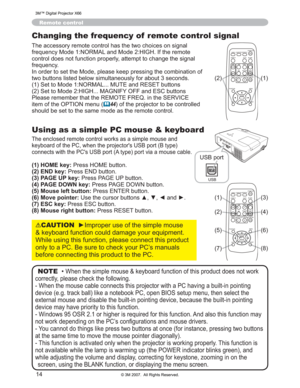 Page 14
14
Using as a simple PC mouse & keyboard
7KHHQFORVHGUHPRWHFRQWUROZRUNVDVDVLPSOHPRXVHDQG
NH\ERDUGRIWKH3&ZKHQWKHSURMHFWRU
V86%SRUW%W\SH
FRQQHFWVZLWKWKH3&
V86%SRUW$W\SHSRUWYLDDPRXVHFDEOH
(1) HOME key:3UHVV+20(EXWWRQ
(2) END key: 3UHVV(1EXWWRQ
(3) PAGE UP key: 3UHVV3$*(83EXWWRQ
(4) PAGE DOWN key: 3UHVV3$*(2:1EXWWRQ
(5) Mouse left button: 3UHVV(17(5EXWWRQ
(6) Move pointer: 8VHWKHFXUVRUEXWWRQVxz{DQGy
(7) ESC key: 3UHVV(6&EXWWRQ...