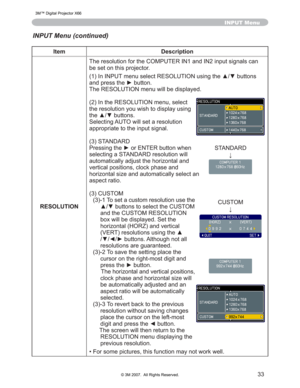 Page 33
33
INPUT Menu
Item Description
RESOLUTION 7KHUHVROXWLRQIRUWKH&20387(5,1DQG,1LQSXWVLJQDOVFDQ
EHVHWRQWKLVSURMHFWRU
,Q,1387PHQXVHOHFW5(62/87,21XVLQJWKHxzEXWWRQV
DQGSUHVVWKHyEXWWRQ
7KH5(62/87,21PHQXZLOOEHGLVSOD\HG
,QWKH5(62/87,21PHQXVHOHFW
WKHUHVROXWLRQ\RXZLVKWRGLVSOD\XVLQJ
WKHxzEXWWRQV
6HOHFWLQJ$872ZLOOVHWDUHVROXWLRQ
DSSURSULDWHWRWKHLQSXWVLJQDO
67$1$5
3UHVVLQJWKHyRU(17(5EXWWRQZKHQ...