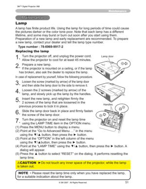 Page 51
51
0DLQWHQDQFH
Lamp
$ODPSKDV