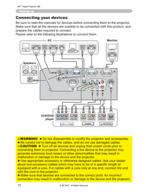 Page 10
10
Setting up
Connecting your devices
%HVXUHWRUHDGWKHPDQXDOVIRUGHYLFHVEHIRUHFRQQHFWLQJWKHPWRWKHSURMHFWRU
0DNHVXUHWKDWDOOWKHGHYLFHVDUHVXLWDEOHWREHFRQQHFWHGZLW KWKLVSURGXFWDQG
SUHSDUHWKHFDEOHVUHTXLUHGWRFRQQHFW
3OHDVHUHIHUWRWKHIROORZLQJLOOXVWUDWLRQVWRFRQQHFWWKHP
WARNING yRQRWGLVDVVHPEOHRUPRGLI\WKHSURMHFWRUDQGDFFHVVRULHV
y%HFDUHIXOQRWWRGDPDJHWKHFDEOHVDQGGRQRWXVHGDPDJHGFD EOHV...